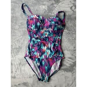 On the Beach Swimsuit Women 10 Multicolor‎ Ikat One Piece Ruched Sweetheart Neck